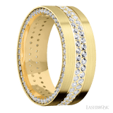 8 mm wide/Flat/14K Yellow Gold band with a Side Eternity arrangement of 01 carat Round Diamond stones in a Bead Channel setting and featuring a a 2 Row Eternity arrangement of 015 carat Round Diamond stones in a Bead Channel setting