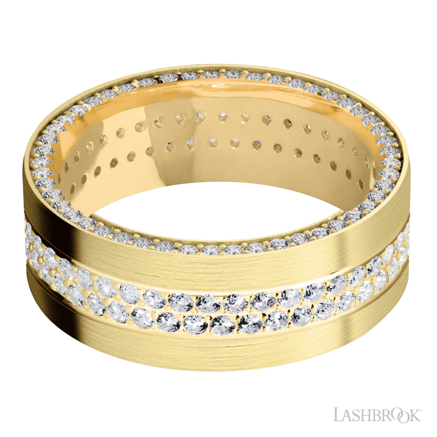 8 mm wide/Flat/14K Yellow Gold band with a Side Eternity arrangement of 01 carat Round Diamond stones in a Bead Channel setting and featuring a a 2 Row Eternity arrangement of 015 carat Round Diamond stones in a Bead Channel setting