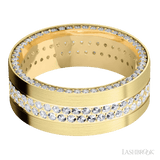 8 mm wide/Flat/14K Yellow Gold band with a Side Eternity arrangement of 01 carat Round Diamond stones in a Bead Channel setting and featuring a a 2 Row Eternity arrangement of 015 carat Round Diamond stones in a Bead Channel setting