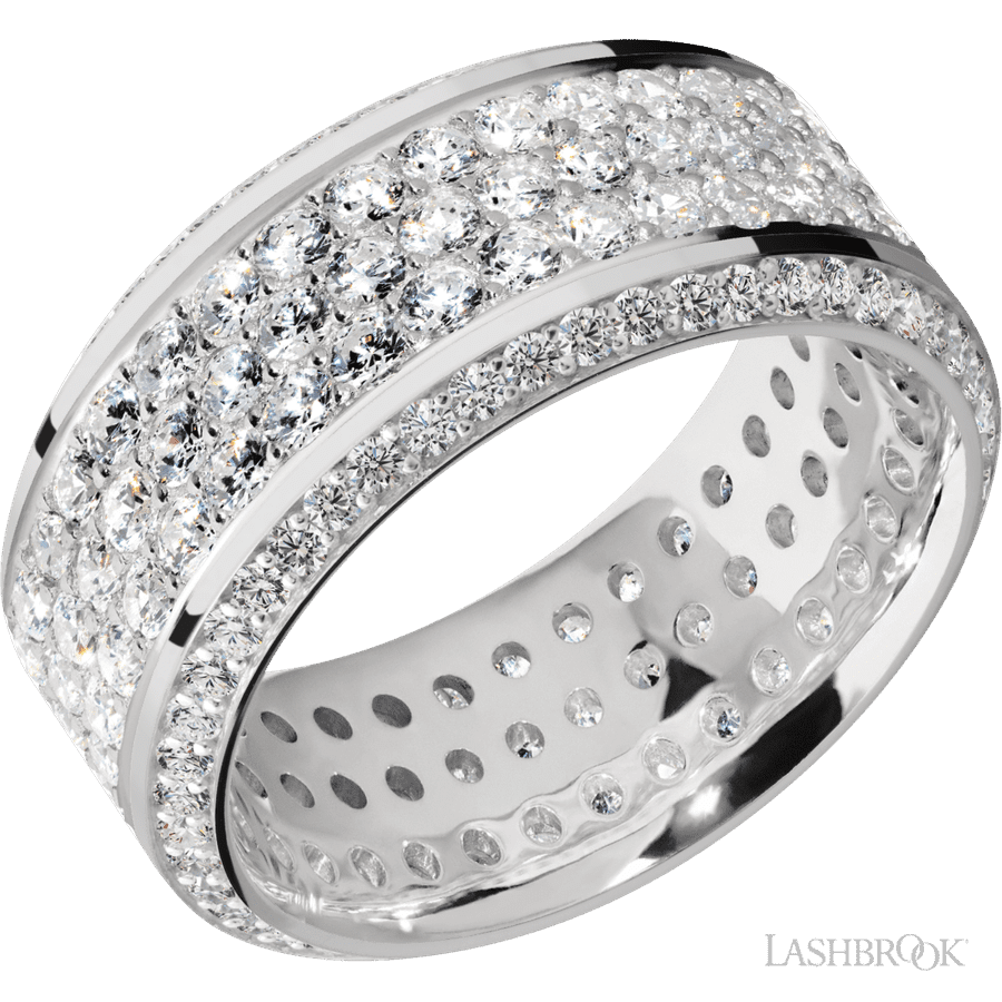 10 mm wide/High Bevel/14K White Gold band with a Bevel Eternity arrangement of 01 carat Round Diamond stones in a Bead setting and featuring a a 3 Row Eternity arrangement of 03 carat Round Diamond stones in a Bead Channel setting