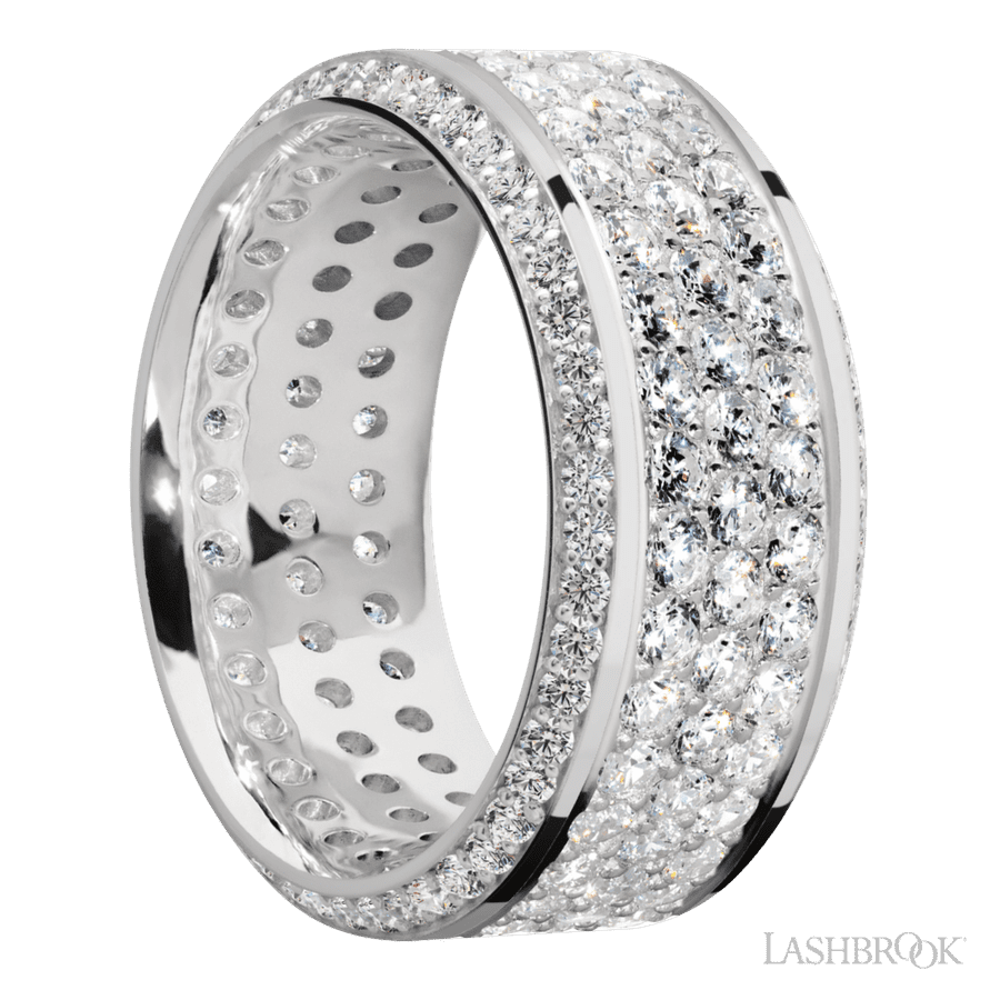 10 mm wide/High Bevel/14K White Gold band with a Bevel Eternity arrangement of 01 carat Round Diamond stones in a Bead setting and featuring a a 3 Row Eternity arrangement of 03 carat Round Diamond stones in a Bead Channel setting