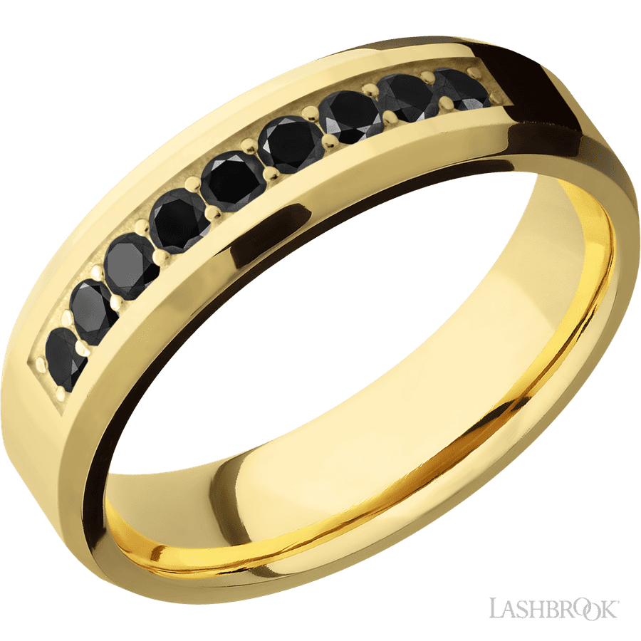 "6 mm wide/Beveled/14K Yellow Gold band with an  arrangement of 9, 05 carat Round Black Diamond stones in a Bead Channel setting"