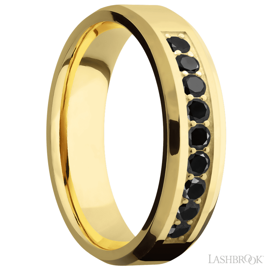 "6 mm wide/Beveled/14K Yellow Gold band with an  arrangement of 9, 05 carat Round Black Diamond stones in a Bead Channel setting"