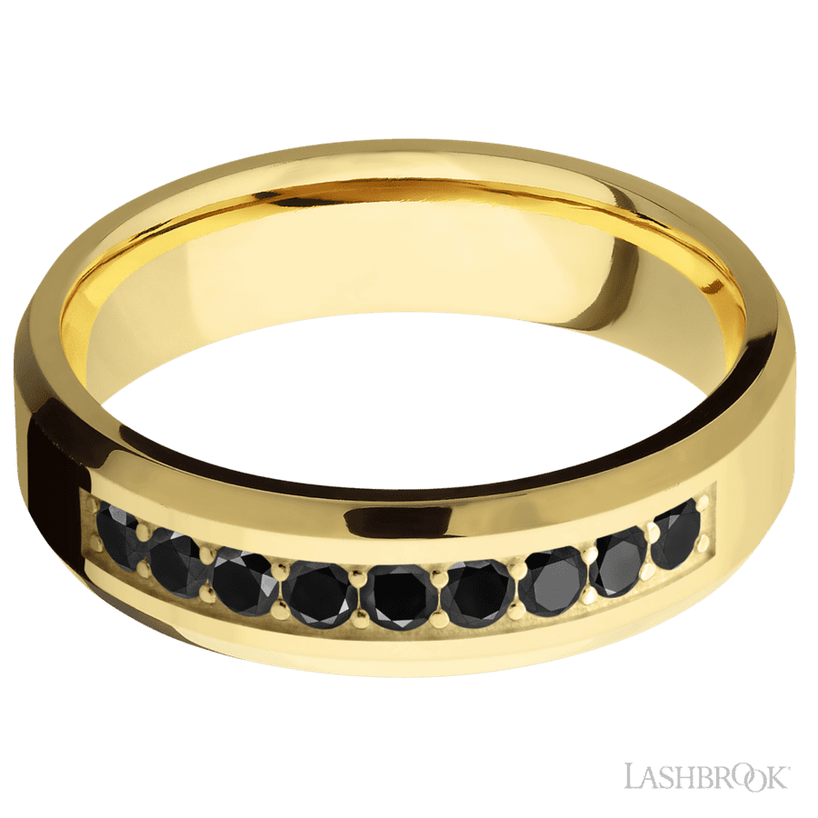 "6 mm wide/Beveled/14K Yellow Gold band with an  arrangement of 9, 05 carat Round Black Diamond stones in a Bead Channel setting"