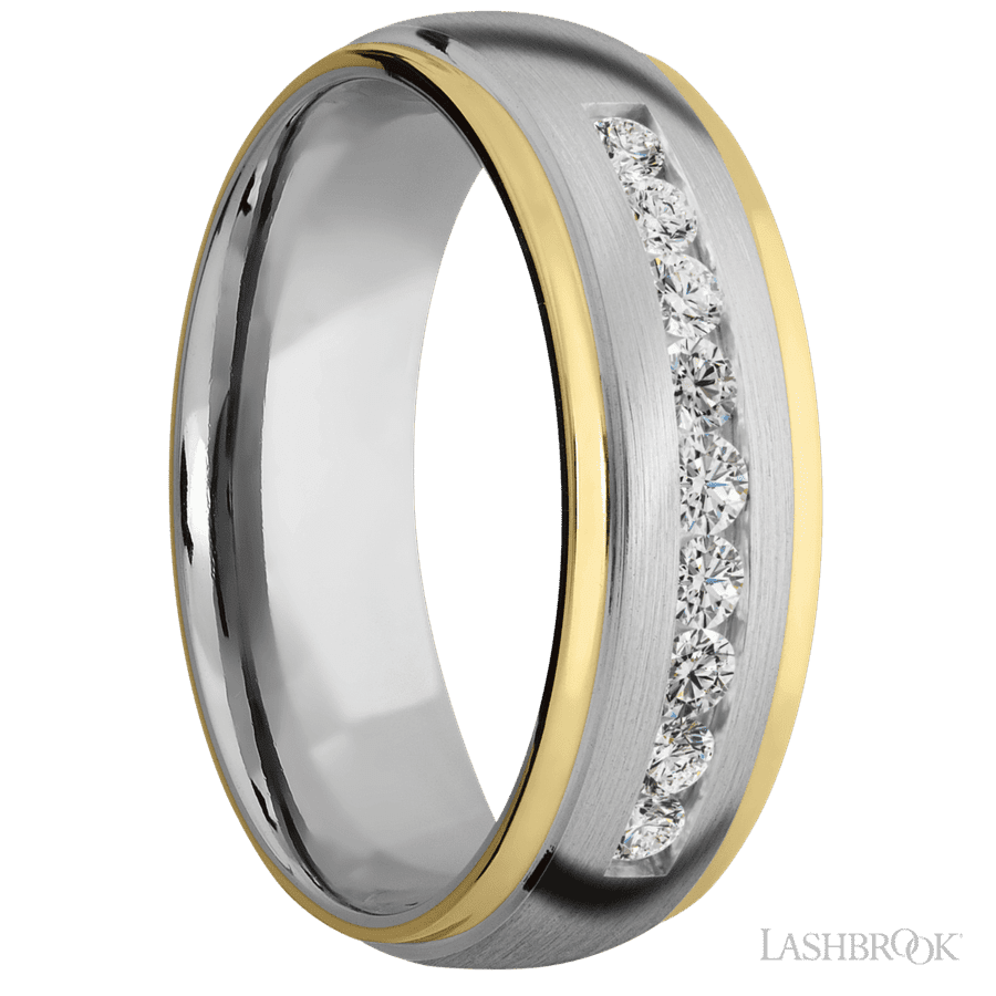 "7 mm wide/Domed Stepped Down Edges/Cobalt Chrome band with  two 1 mm Edge inlays of 14K Yellow Gold and featuring an  arrangement of 9, 05 carat Round Diamond stones in a Channel setting"