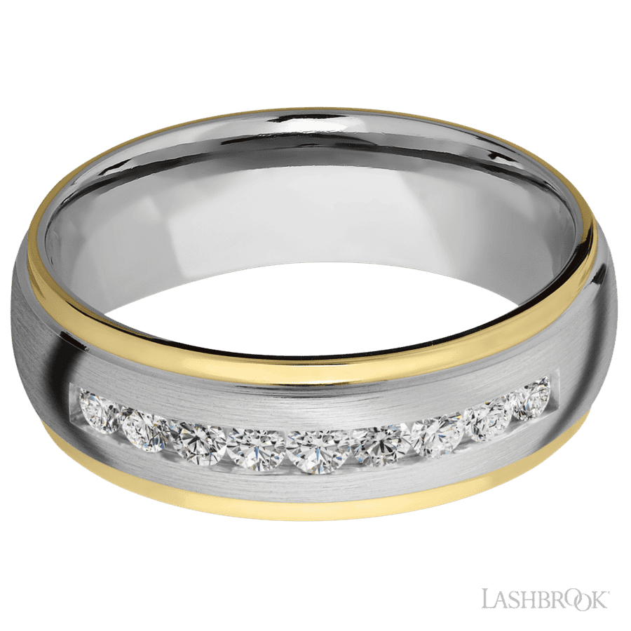 "7 mm wide/Domed Stepped Down Edges/Cobalt Chrome band with  two 1 mm Edge inlays of 14K Yellow Gold and featuring an  arrangement of 9, 05 carat Round Diamond stones in a Channel setting"