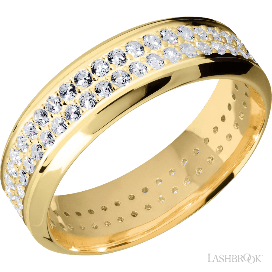 7 mm wide/High Bevel/14K Yellow Gold band with a 2 Row Eternity arrangement of 015 carat Round Diamond stones in a Bead Channel setting