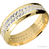 7 mm wide/High Bevel/14K Yellow Gold band with a 2 Row Eternity arrangement of 015 carat Round Diamond stones in a Bead Channel setting
