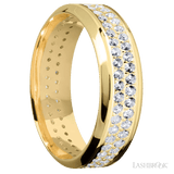 7 mm wide/High Bevel/14K Yellow Gold band with a 2 Row Eternity arrangement of 015 carat Round Diamond stones in a Bead Channel setting