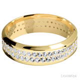 7 mm wide/High Bevel/14K Yellow Gold band with a 2 Row Eternity arrangement of 015 carat Round Diamond stones in a Bead Channel setting
