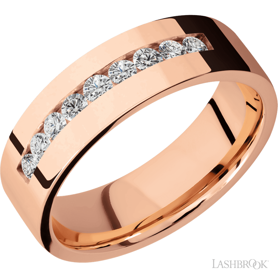"7 mm wide/Flat/14K Rose Gold band with an  arrangement of 9, 05 carat Round Diamond stones in a Channel setting"