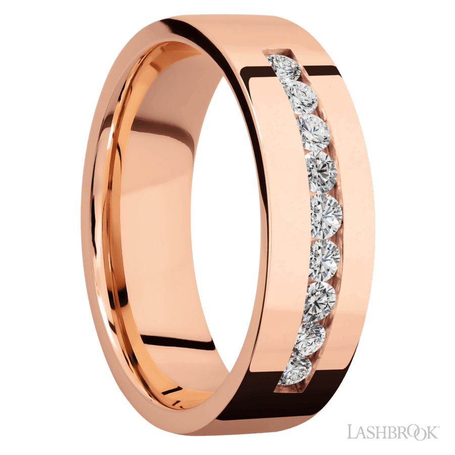 "7 mm wide/Flat/14K Rose Gold band with an  arrangement of 9, 05 carat Round Diamond stones in a Channel setting"