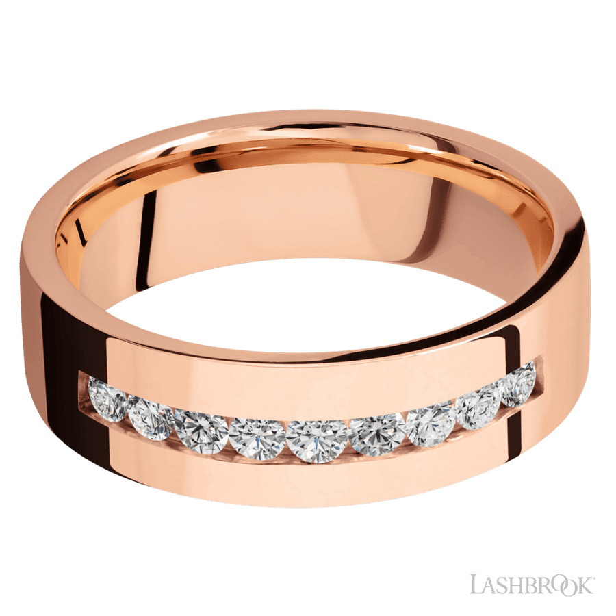 "7 mm wide/Flat/14K Rose Gold band with an  arrangement of 9, 05 carat Round Diamond stones in a Channel setting"