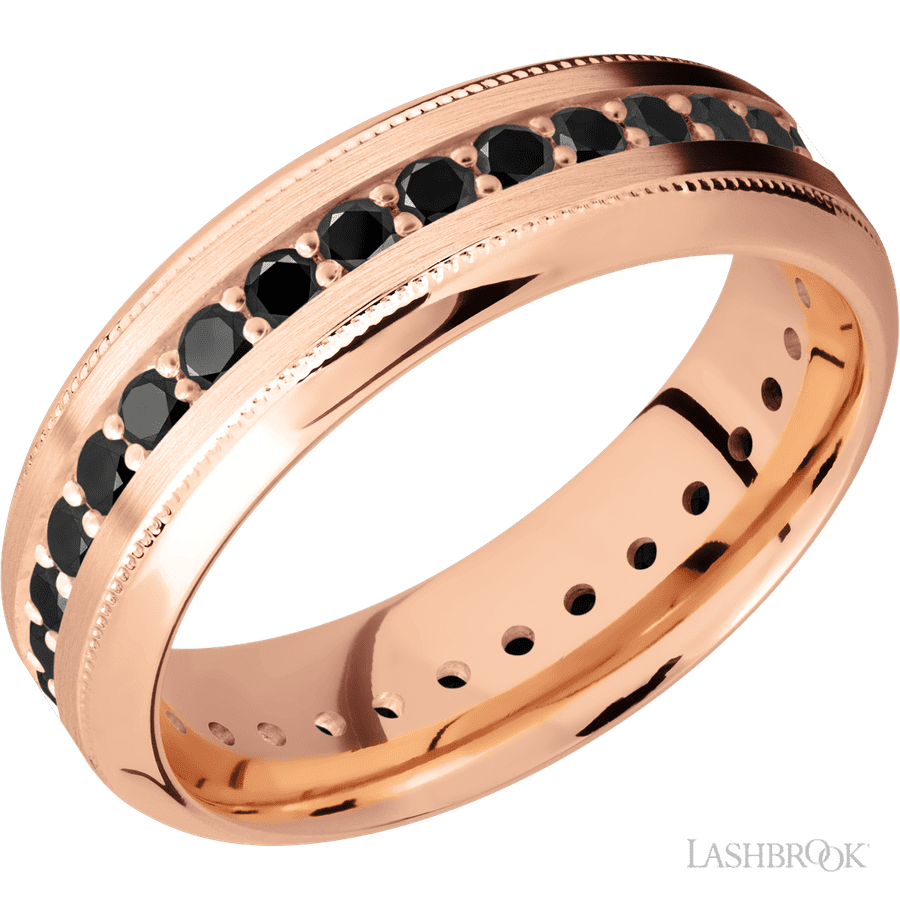 7 mm wide/High Bevel Milgrain/14K Rose Gold band with an Eternity arrangement of 03 carat Round Black Diamond stones in a Bead Channel setting