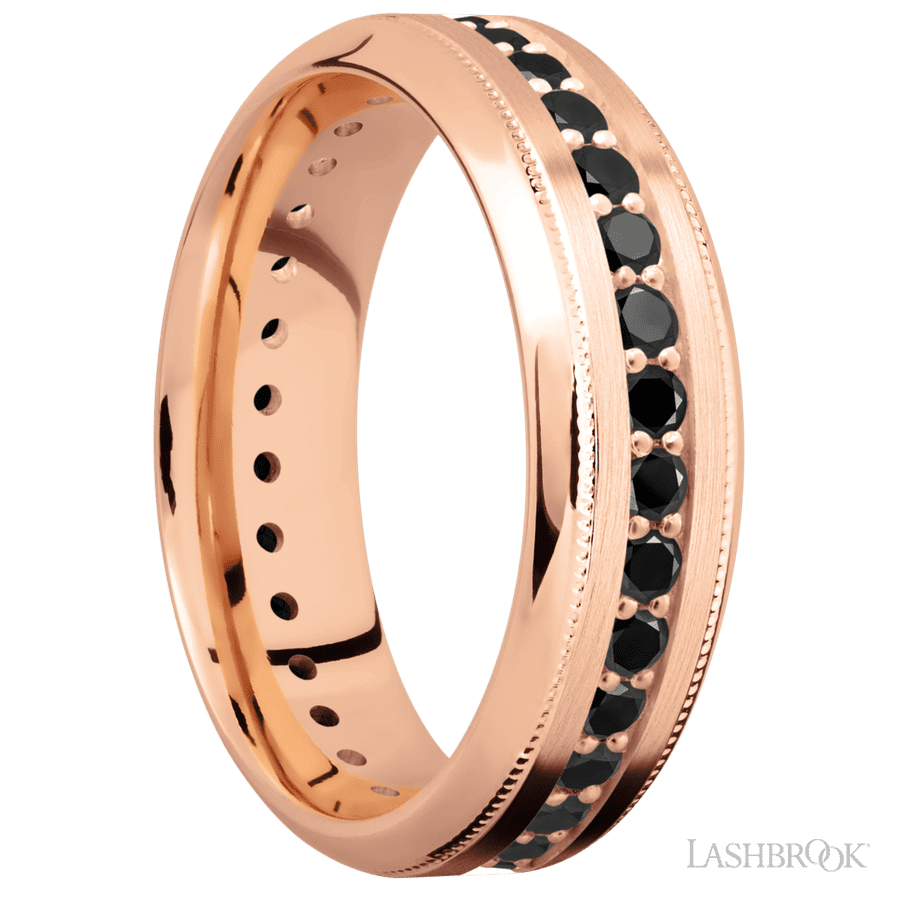 7 mm wide/High Bevel Milgrain/14K Rose Gold band with an Eternity arrangement of 03 carat Round Black Diamond stones in a Bead Channel setting