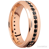 7 mm wide/High Bevel Milgrain/14K Rose Gold band with an Eternity arrangement of 03 carat Round Black Diamond stones in a Bead Channel setting