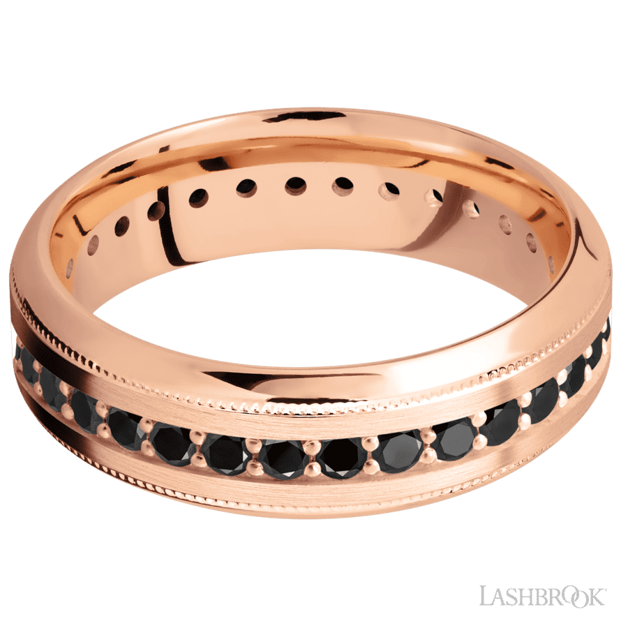 7 mm wide/High Bevel Milgrain/14K Rose Gold band with an Eternity arrangement of 03 carat Round Black Diamond stones in a Bead Channel setting