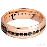 7 mm wide/High Bevel Milgrain/14K Rose Gold band with an Eternity arrangement of 03 carat Round Black Diamond stones in a Bead Channel setting