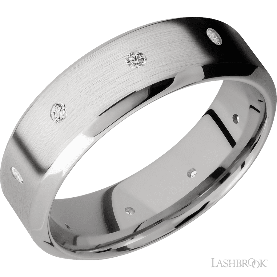 7 mm wide/High Bevel/14K White Gold band with a 9X Even arrangement of 03 carat Round Diamond stones in a Flush setting