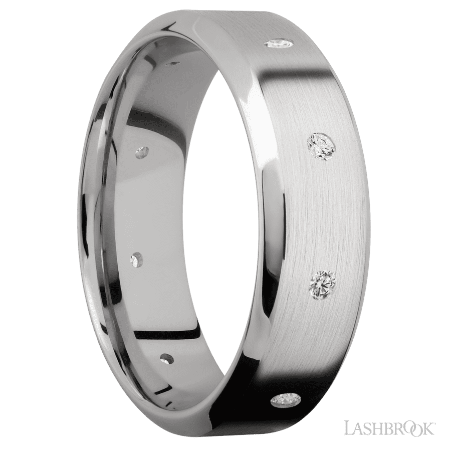 7 mm wide/High Bevel/14K White Gold band with a 9X Even arrangement of 03 carat Round Diamond stones in a Flush setting
