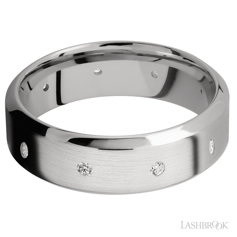 7 mm wide/High Bevel/14K White Gold band with a 9X Even arrangement of 03 carat Round Diamond stones in a Flush setting