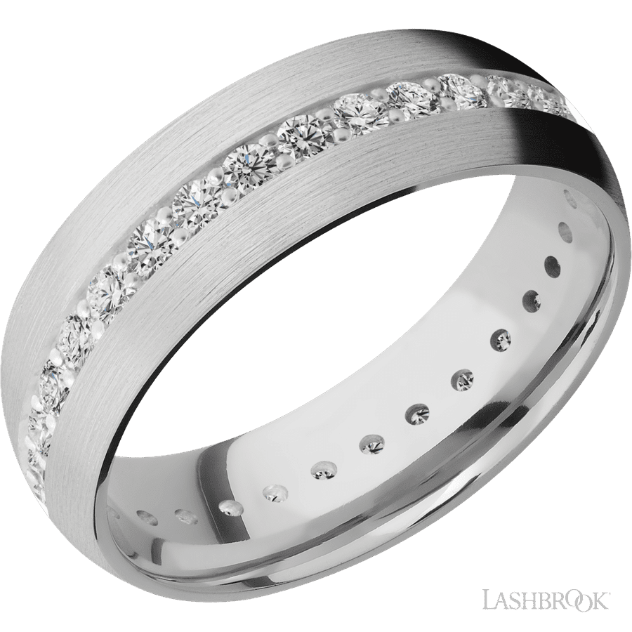 7 mm wide/Domed/14K White Gold band with an Eternity arrangement of 03 carat Round Diamond stones in a Bead Channel setting