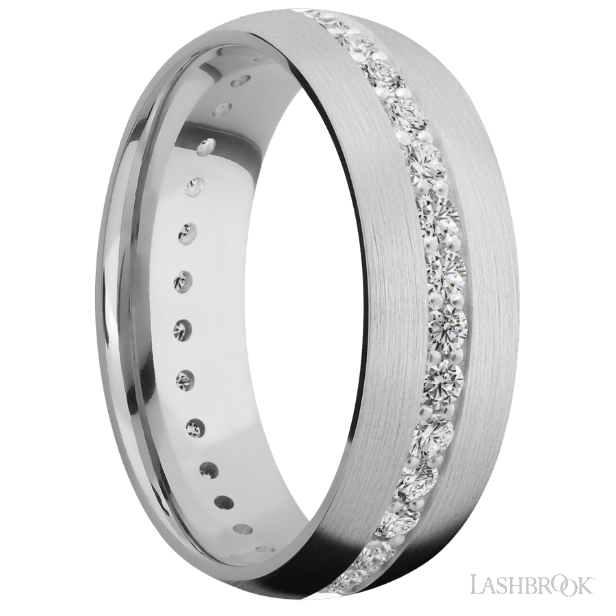7 mm wide/Domed/14K White Gold band with an Eternity arrangement of 03 carat Round Diamond stones in a Bead Channel setting