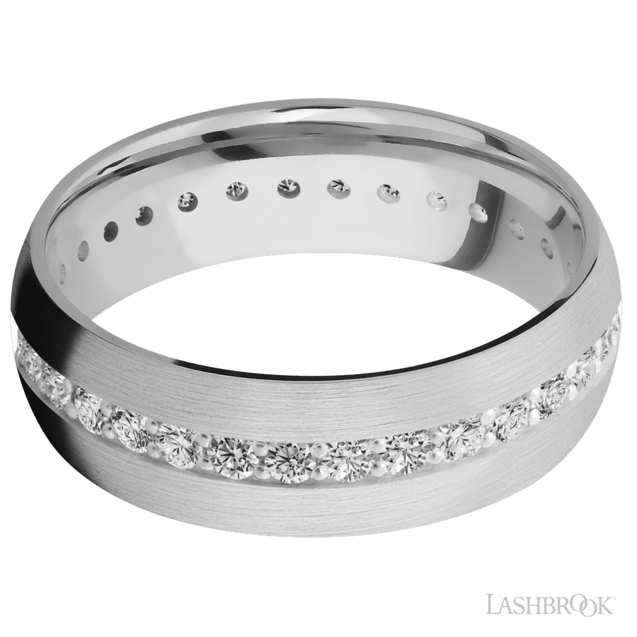 7 mm wide/Domed/14K White Gold band with an Eternity arrangement of 03 carat Round Diamond stones in a Bead Channel setting