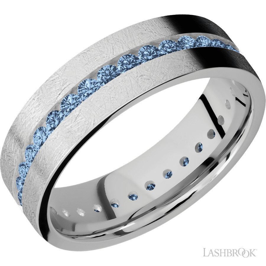 7 mm wide/Flat/14K White Gold band with an Eternity arrangement of 03 carat Round Denim Sapphire stones in a Channel setting