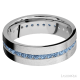 7 mm wide/Flat/14K White Gold band with an Eternity arrangement of 03 carat Round Denim Sapphire stones in a Channel setting