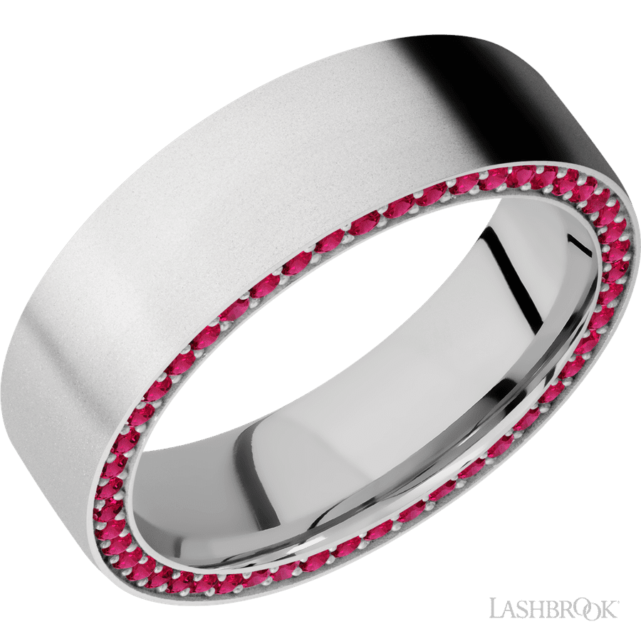 7 mm wide/Flat/14K White Gold band with a Side Eternity arrangement of 01 carat Round Ruby stones in a Bead Channel setting