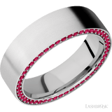 7 mm wide/Flat/14K White Gold band with a Side Eternity arrangement of 01 carat Round Ruby stones in a Bead Channel setting