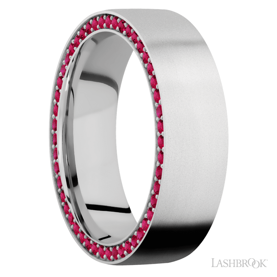 7 mm wide/Flat/14K White Gold band with a Side Eternity arrangement of 01 carat Round Ruby stones in a Bead Channel setting
