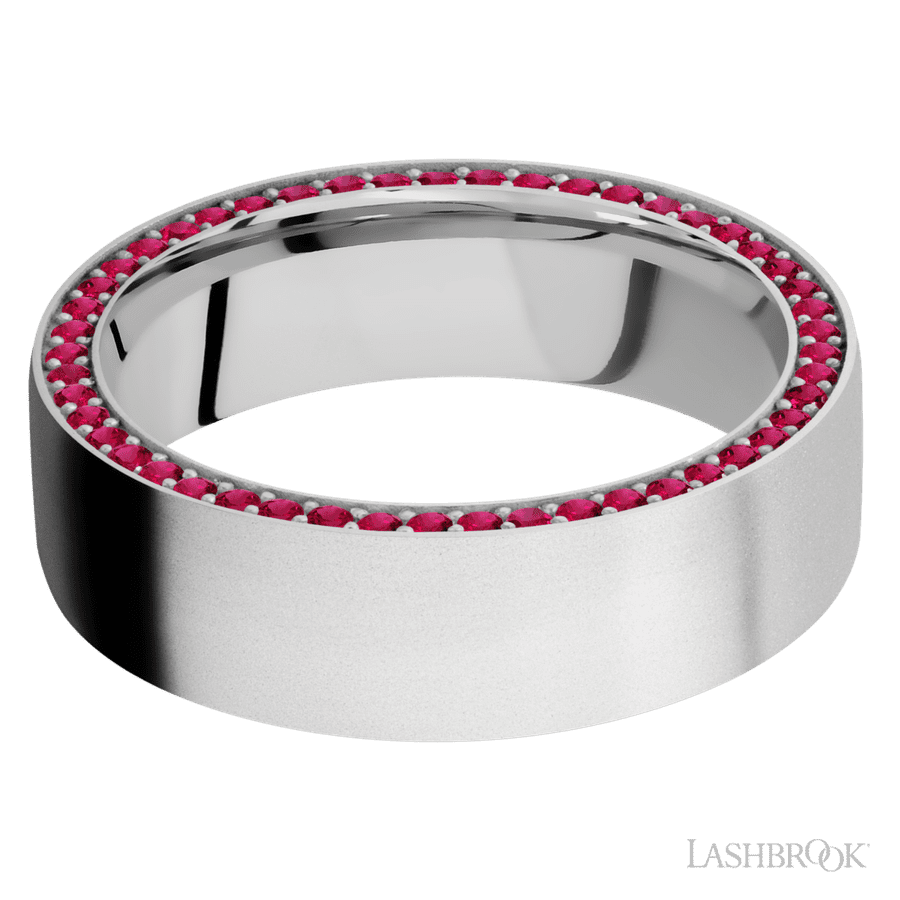 7 mm wide/Flat/14K White Gold band with a Side Eternity arrangement of 01 carat Round Ruby stones in a Bead Channel setting