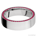7 mm wide/Flat/14K White Gold band with a Side Eternity arrangement of 01 carat Round Ruby stones in a Bead Channel setting