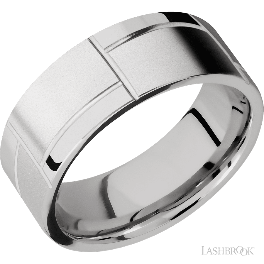 8 mm wide/Flat/14K White Gold band with a machined 3GOCHR pattern