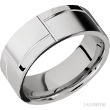 8 mm wide/Flat/14K White Gold band with a machined 3GOCHR pattern
