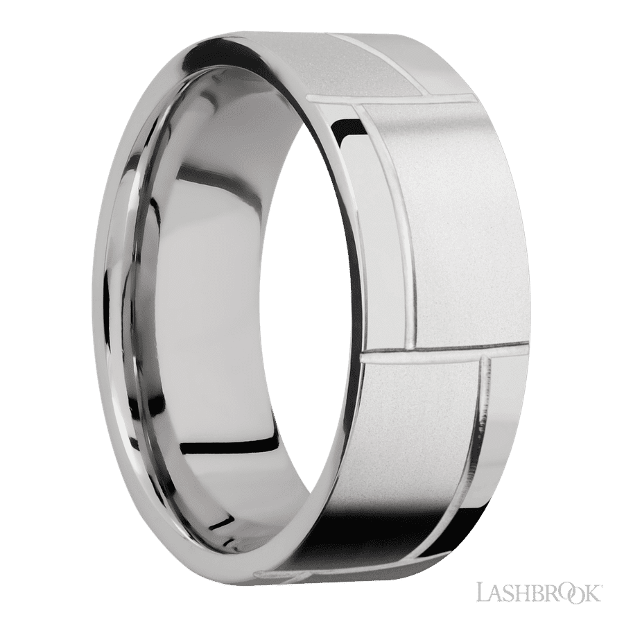 8 mm wide/Flat/14K White Gold band with a machined 3GOCHR pattern