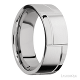 8 mm wide/Flat/14K White Gold band with a machined 3GOCHR pattern
