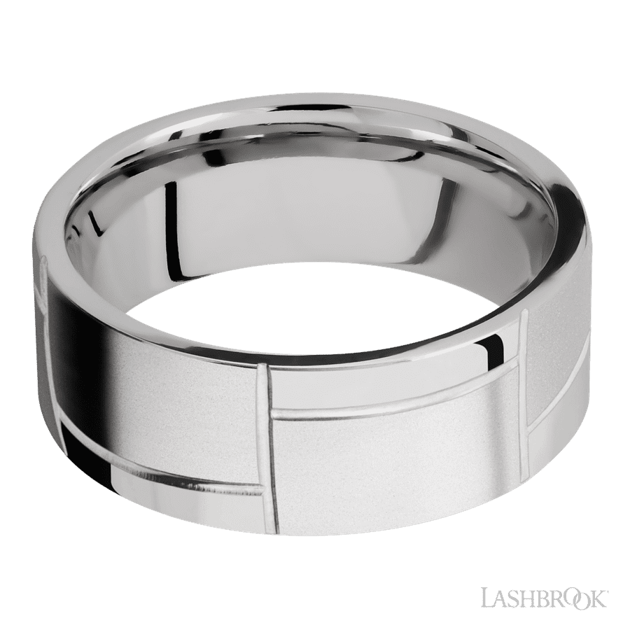 8 mm wide/Flat/14K White Gold band with a machined 3GOCHR pattern