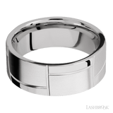 8 mm wide/Flat/14K White Gold band with a machined 3GOCHR pattern