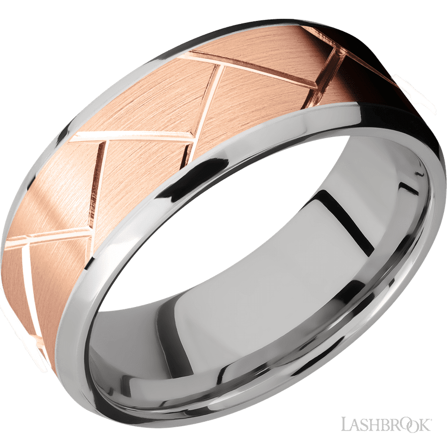 8 mm wide/Beveled/14K White Gold band with one 6 mm Centered inlay of 14K Rose Gold with a machined Flatweave pattern