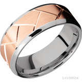8 mm wide/Beveled/14K White Gold band with one 6 mm Centered inlay of 14K Rose Gold with a machined Flatweave pattern