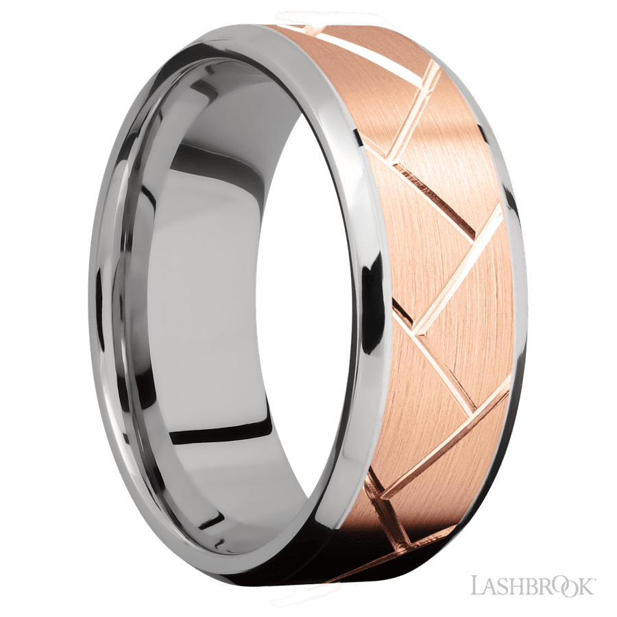 8 mm wide/Beveled/14K White Gold band with one 6 mm Centered inlay of 14K Rose Gold with a machined Flatweave pattern