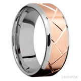 8 mm wide/Beveled/14K White Gold band with one 6 mm Centered inlay of 14K Rose Gold with a machined Flatweave pattern