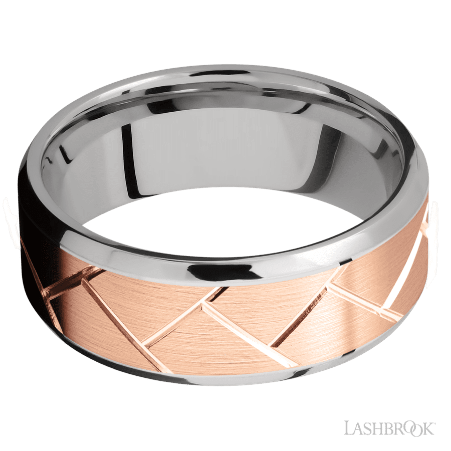8 mm wide/Beveled/14K White Gold band with one 6 mm Centered inlay of 14K Rose Gold with a machined Flatweave pattern