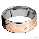 8 mm wide/Beveled/14K White Gold band with one 6 mm Centered inlay of 14K Rose Gold with a machined Flatweave pattern