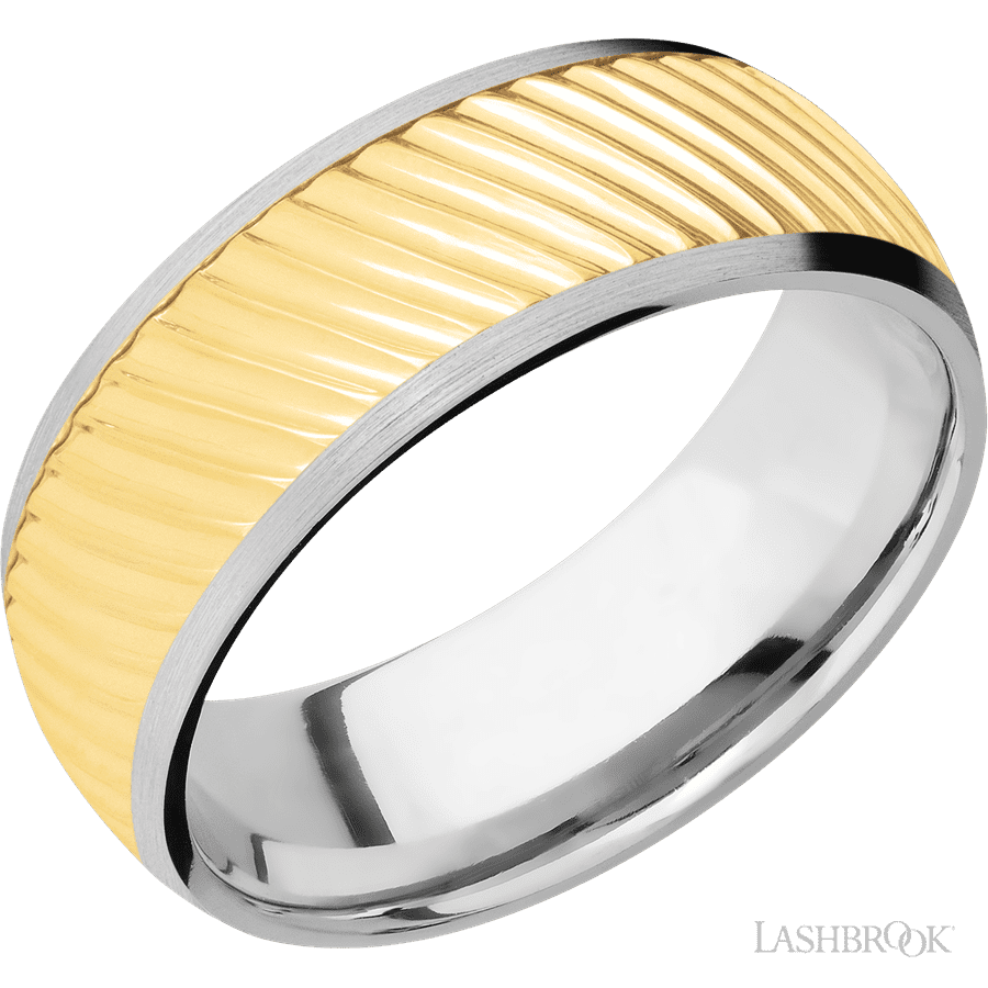 8 mm wide/Domed/14K White Gold band with one 6 mm Centered inlay of 14K Yellow Gold with a machined Ripple pattern