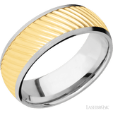 8 mm wide/Domed/14K White Gold band with one 6 mm Centered inlay of 14K Yellow Gold with a machined Ripple pattern