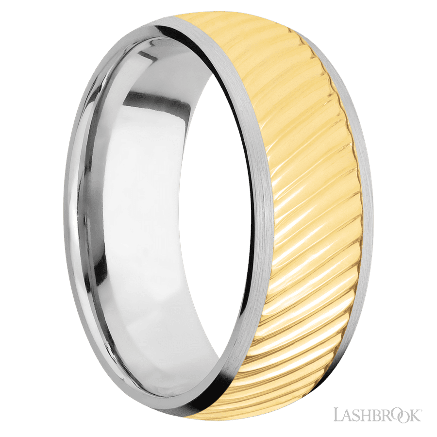 8 mm wide/Domed/14K White Gold band with one 6 mm Centered inlay of 14K Yellow Gold with a machined Ripple pattern